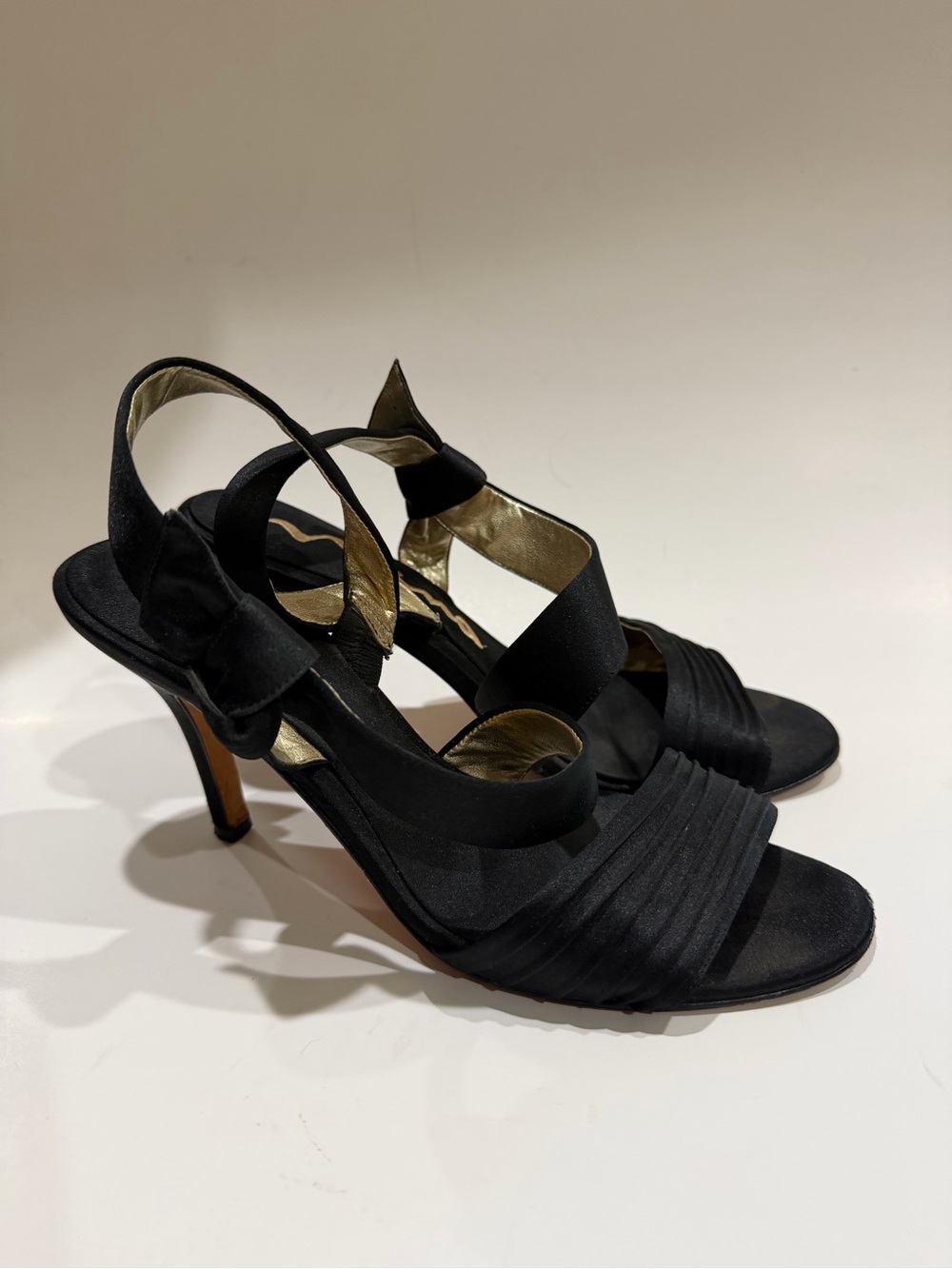 Nina Black Satin Slingback Heels with Pleated Toe and Bow